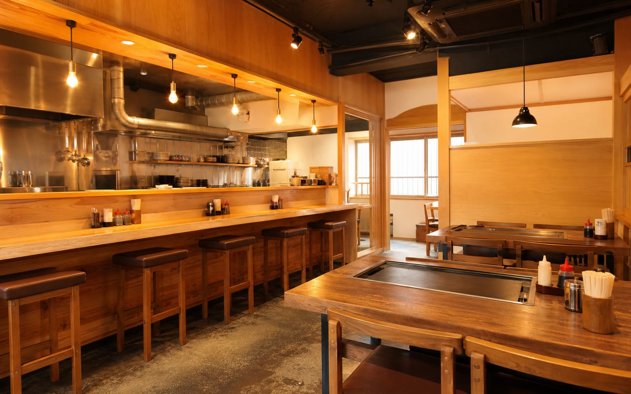 鉄板つきテーブル席とカウンターのある店内