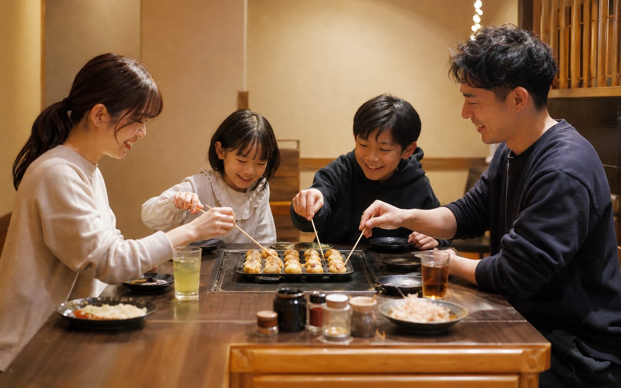 鉄板つきテーブル席でたこ焼きを囲むようす