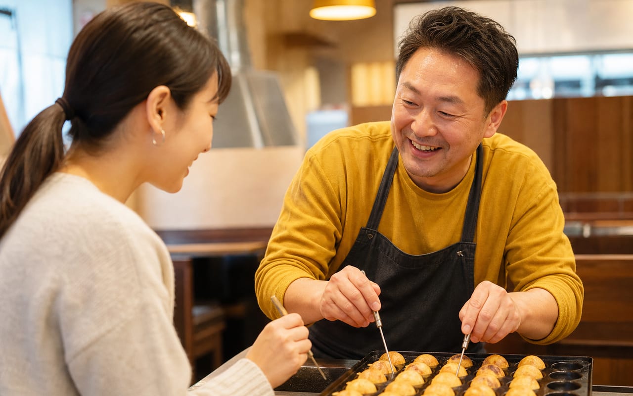 店主にたこ焼きの返し方を教えてもらうようす
