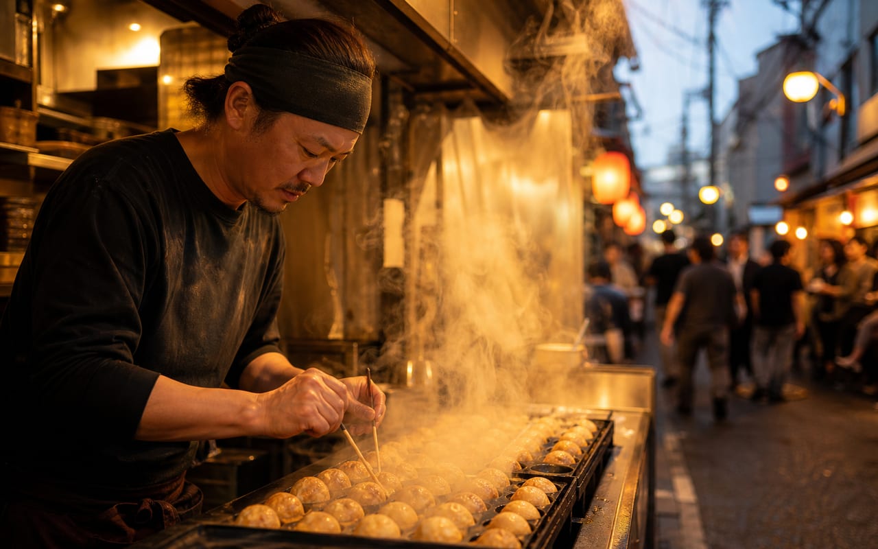 たこ焼き店の鉄板から立ちのぼる湯気