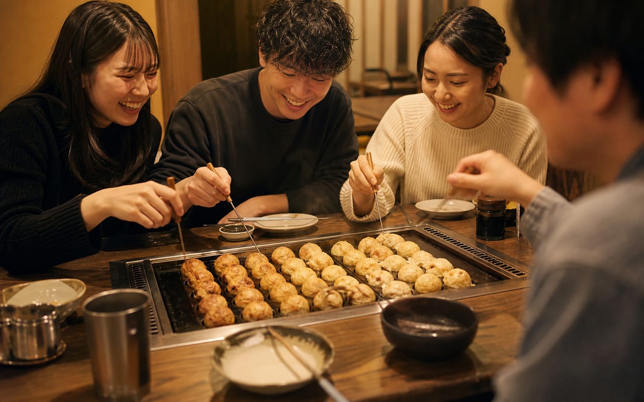 セルフテーブルの鉄板でたこ焼きを焼くお客様の手元