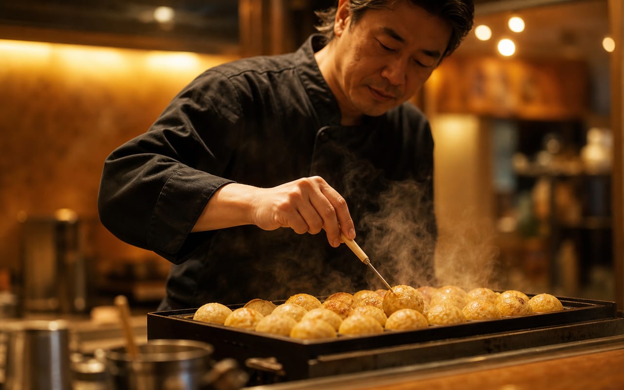店主が鉄板でたこ焼きを返す手元